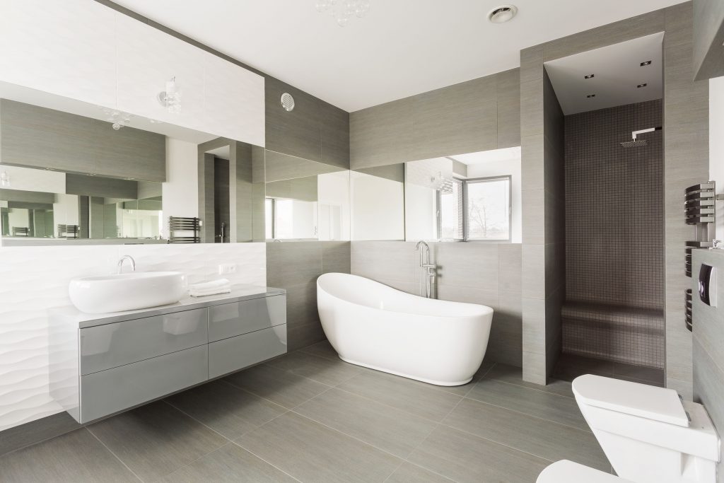 Perdido Bay white and grey exclusive big washroom with fancy bath