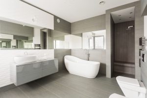 Perdido Bay white and grey exclusive big washroom with fancy bath